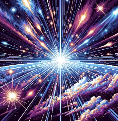 DALL·E 2024-04-29 13.37.04 - Create a pixel art image, size 413x424 pixels, depicting a cosmic scene with an overwhelming number of rays of light, suggesting the scale of 14 milli